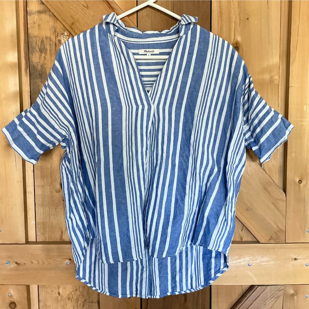 Madewell Blue and White Striped Linen Blend Popover, Summer, Coastal